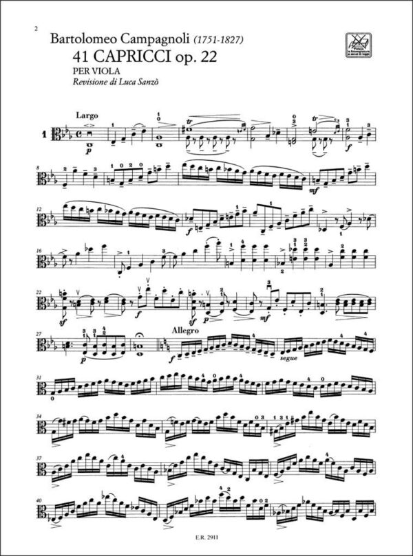 CAMPAGNOLI 41 capricci per viola op. 22. Edizioni Ricordi - immagine 2